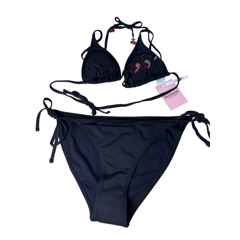 Juicy Couture Black Rhinestone Cherry Bikini Set Triangle Top Side Tie Bottoms S